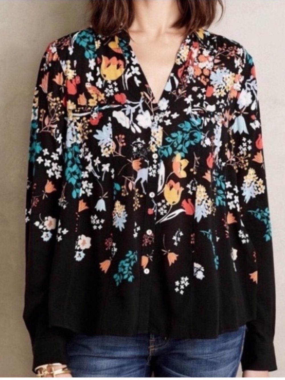 MAEVE ANTHROPOLOGIE Woodland Creatures Black Floral Button-Front Blouse